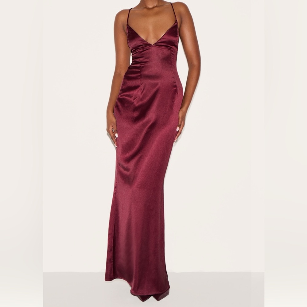 PrettyLittleThing Plum Satin Tie Back Maxi Dress